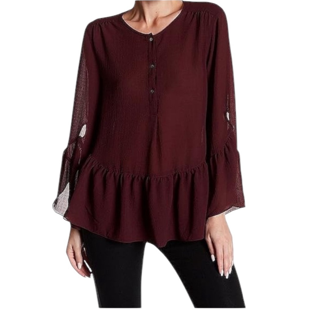 NWT Max Studio Women’s Crepe Blouse with Bell Sleeves and Flutter‎ Hem